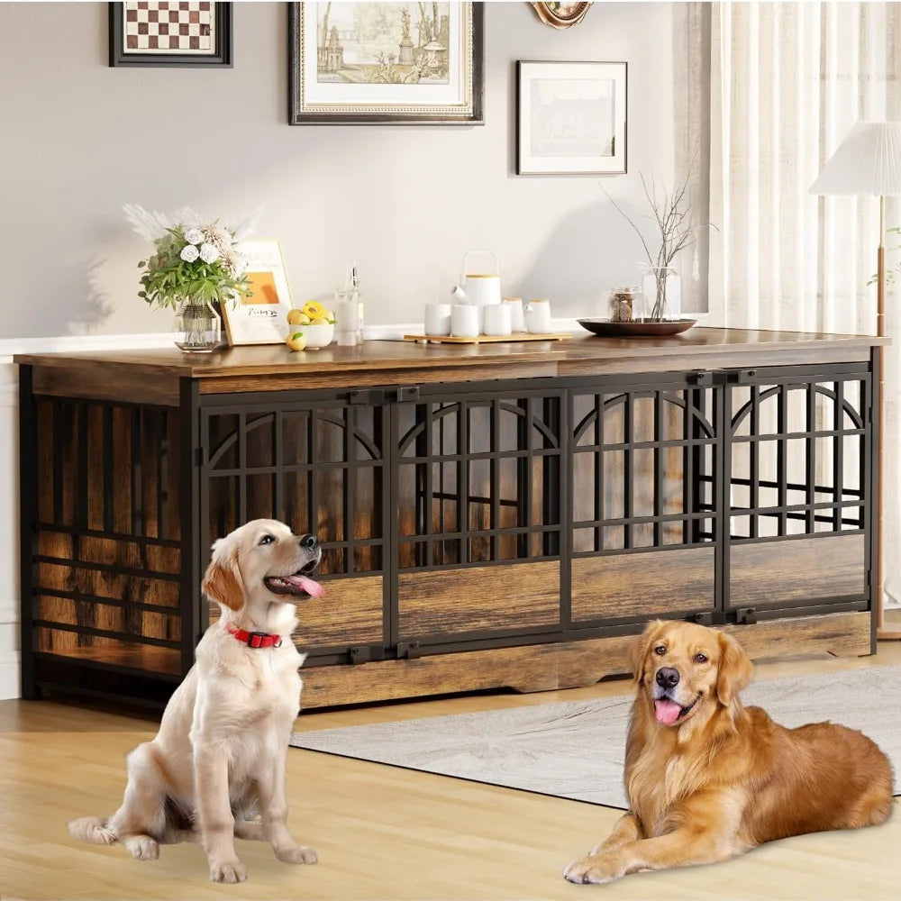 86 inch double dog crate furniture for 2 large dogs, decorative dog kennel indoor tv stand, heavy duty wooden dog cage for larg