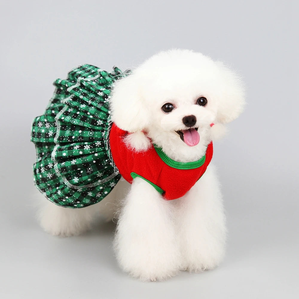 Christmas Dog Girls Costume Dress Puppy Warm Fleece Skirt Clothes Autumn Winter Pet Clothes Dog Red Skirt Fancy Dress Costume