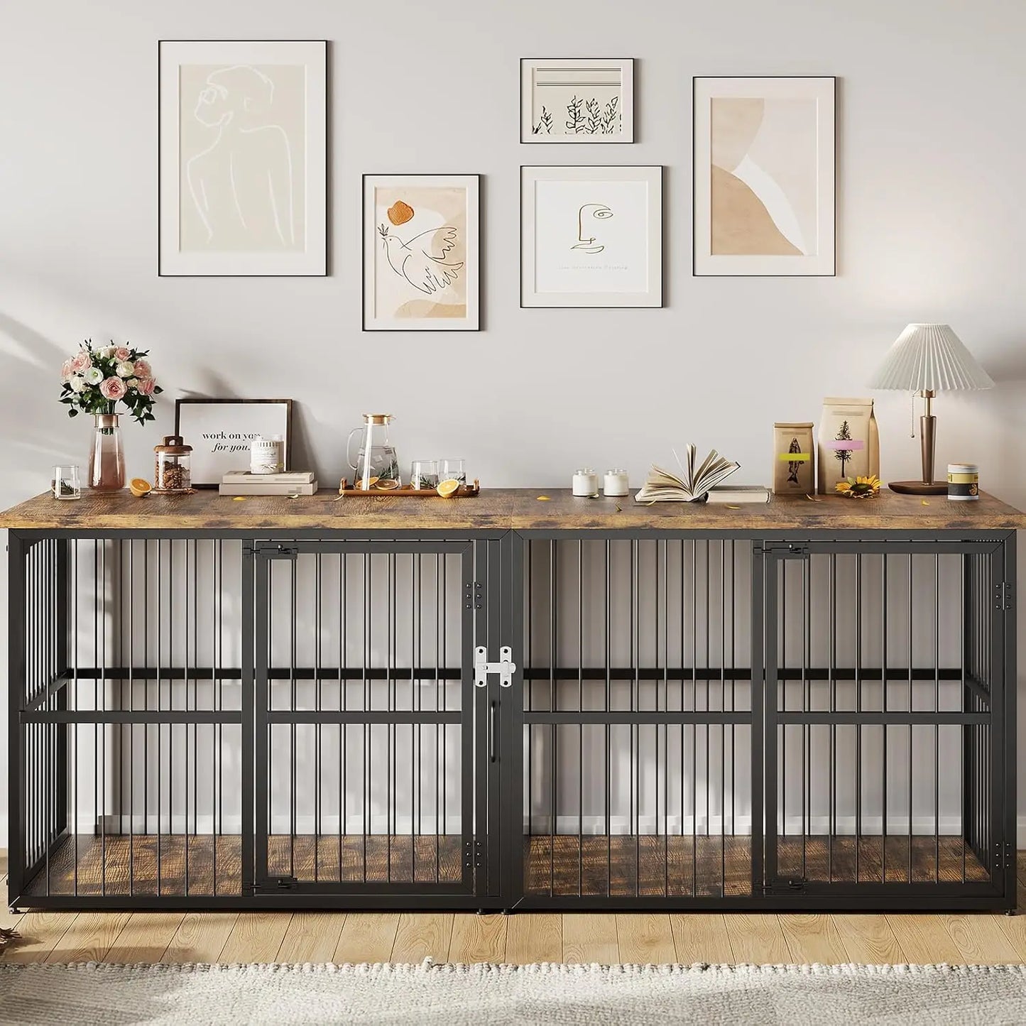 87" Extra Large 3 Lockable Doors Double Dog Crate Furniture With Divider Heavy Duty Wooden TV Stand Kennel For 2 Dogs