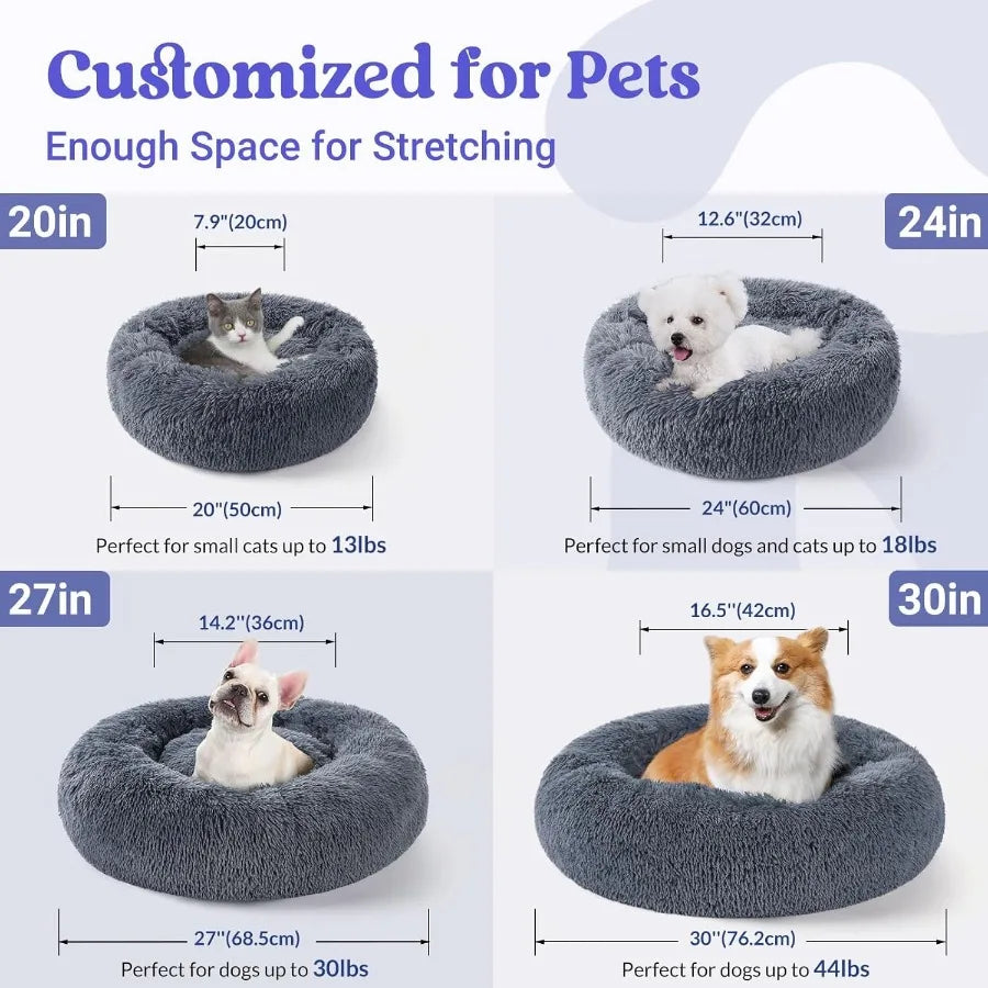 Dog Bed for Small 24 inches Machine Washable Fluffy Donut Pet Bed AntiSlip Calming Soft Plush Round Cushion Fits up to 18 lbs P
