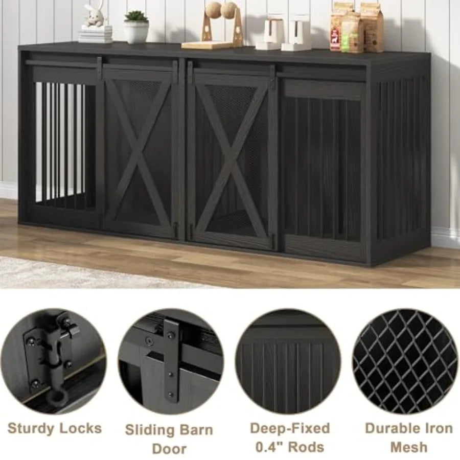 78.7 XXL Dog Crate Furniture for 2 Large Dogs Heavy Duty Double Dog Cage Large Breed 35.4 Tall Thick Wooden Dog Kennel TV Stand