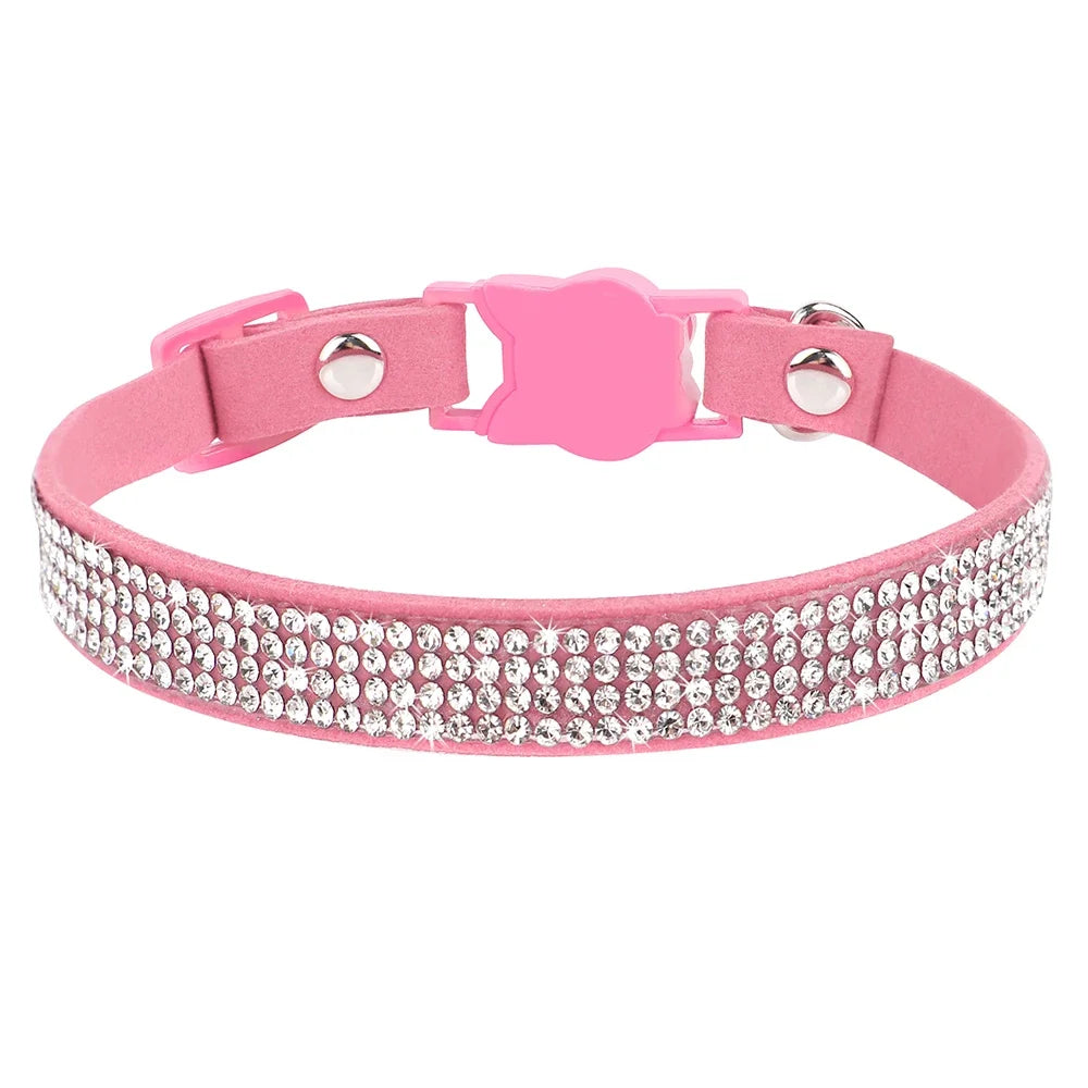 Rhinestone Bling Soft Pink Suede Cat Collar with Bell Safety Breakaway Buckle Adjustable XS/S Sizes for Kitten