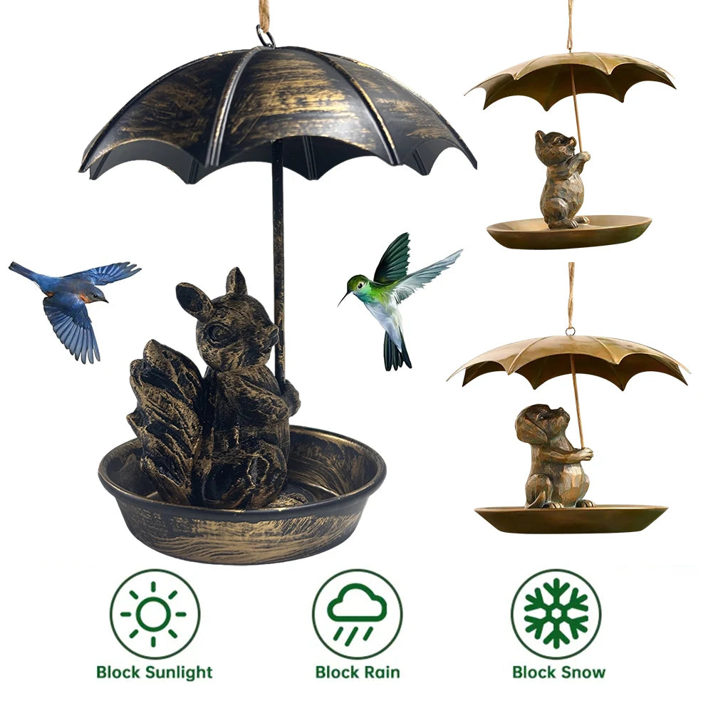 Squirrel/Cat/Dog Animal Bird Feeder Animal Holding Umbrella Metal Bird Feeders Hanging Bird Feeder Dish for Yard Patio Landscape
