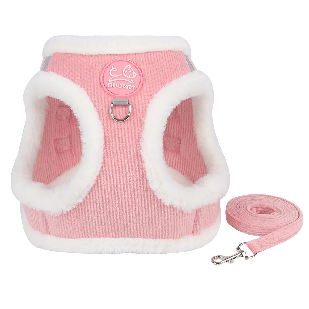 Autumn and Winter Warm Chihuahua Dog Harness with Fur, Pet Harness and Leash Set for Walking Dogs, Puppy Yorkies