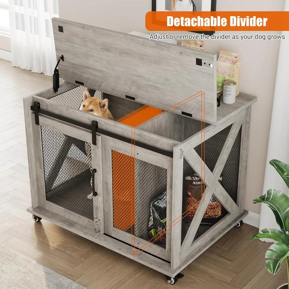 Dog Crate Furniture with Flip Top, 37" Dog Cage Furniture with Sliding Barn Door, Wheels and Removable Divider, Furniture Style