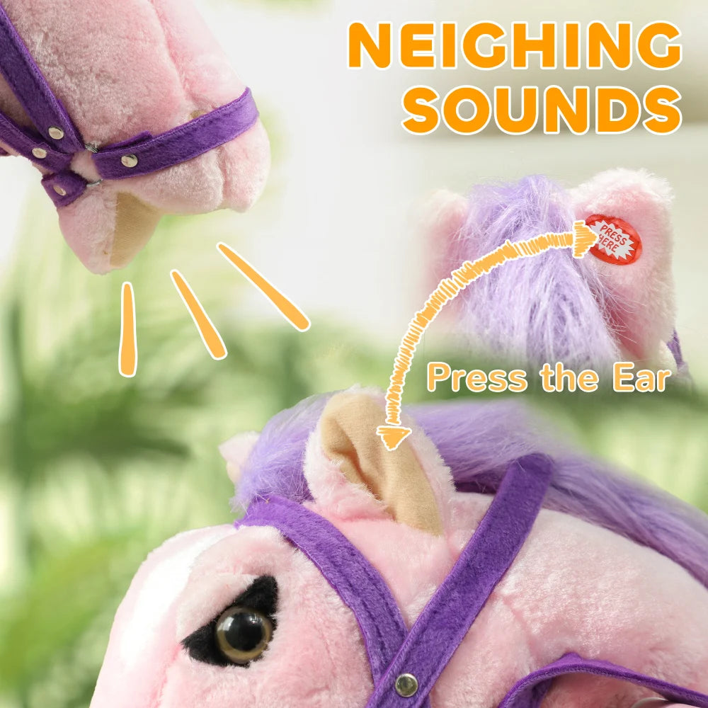 Spring Rocking Horse, Kids Ride on Horse, Plush Horse Ride-on with Sounds & Foot Stirrups, Saddle for Kids 3-8 Years, Pink