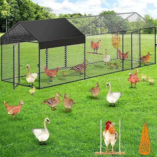 large metal chicken coop chicken run with cover for 10-12 chickens 120"×40"×40" portable poultry cage hen house outdoor backyard