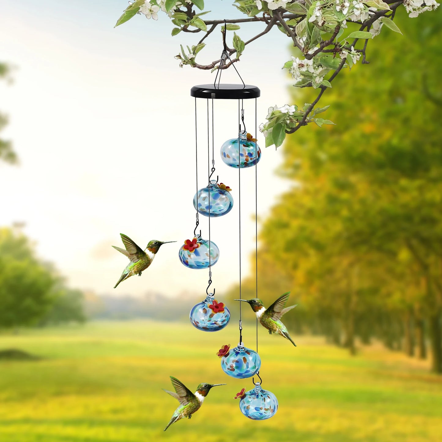 Bird Feeder, Hanging Hummingbird Feeder Blue Glass, Outdoor Garden Bird Feeder with Stable Metal Base, to Attract Wild Birds
