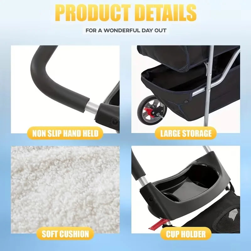 4 Wheels Dog Stroller,Pet Stroller Folding Carrier Waterproof Puppy with Cup Holder & Removable Liner for Small Medium Dogs Cats