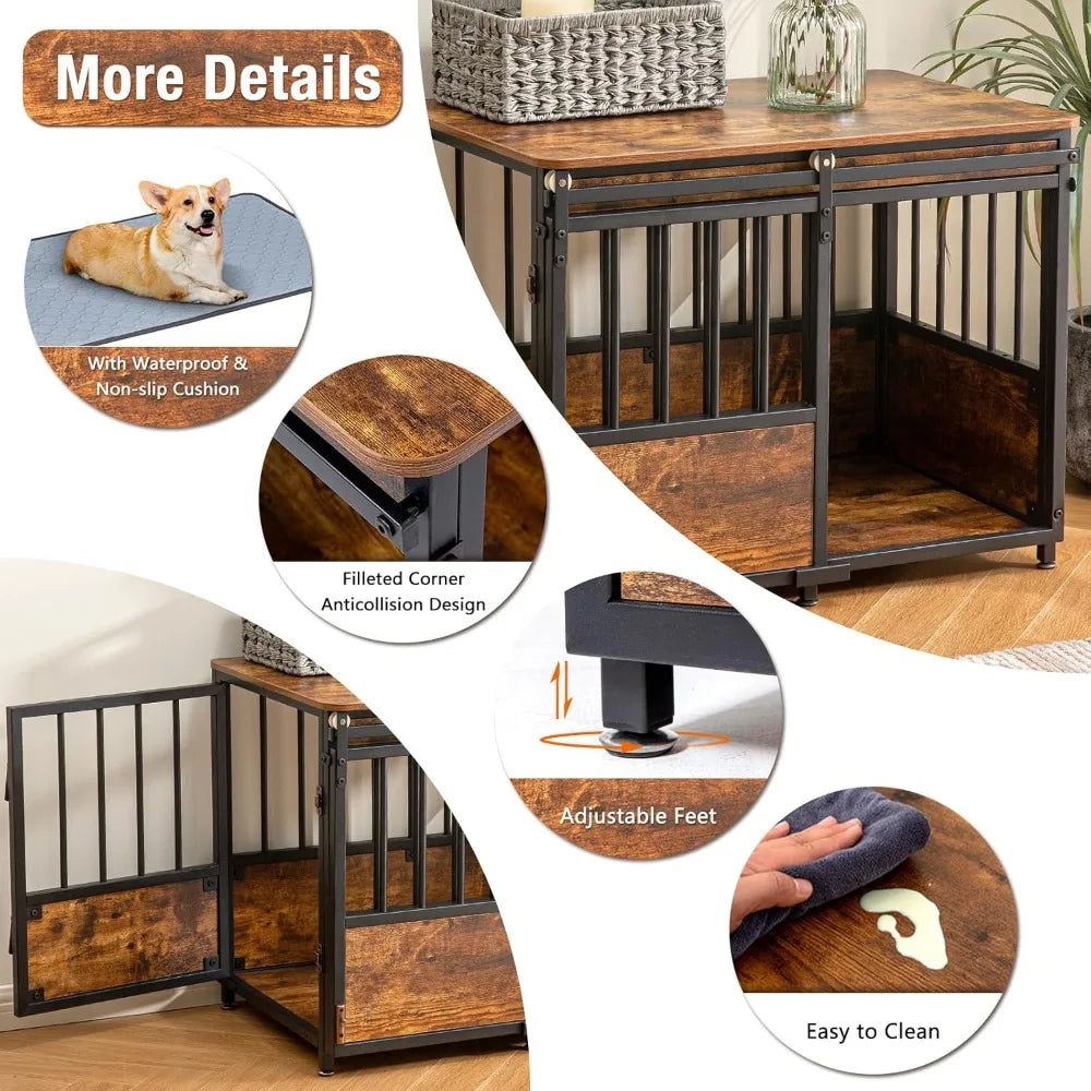 32 Inch Dog Crate Furniture with Cushion for Large Medium Dogs, Wooden Heavy Duty Dog Kennel with Double Doors, Decorative Pet