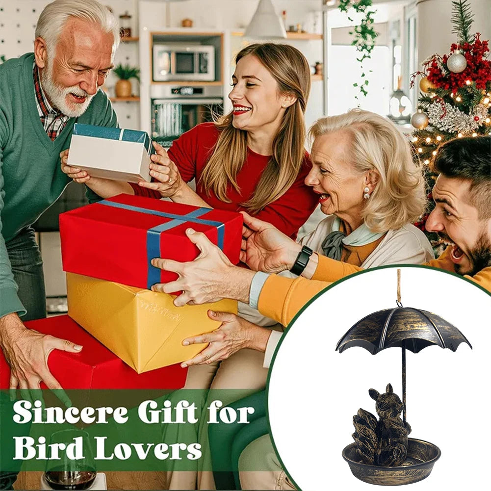 Squirrel/Cat/Dog Animal Bird Feeder Animal Holding Umbrella Metal Bird Feeders Hanging Bird Feeder Dish for Yard Patio Landscape