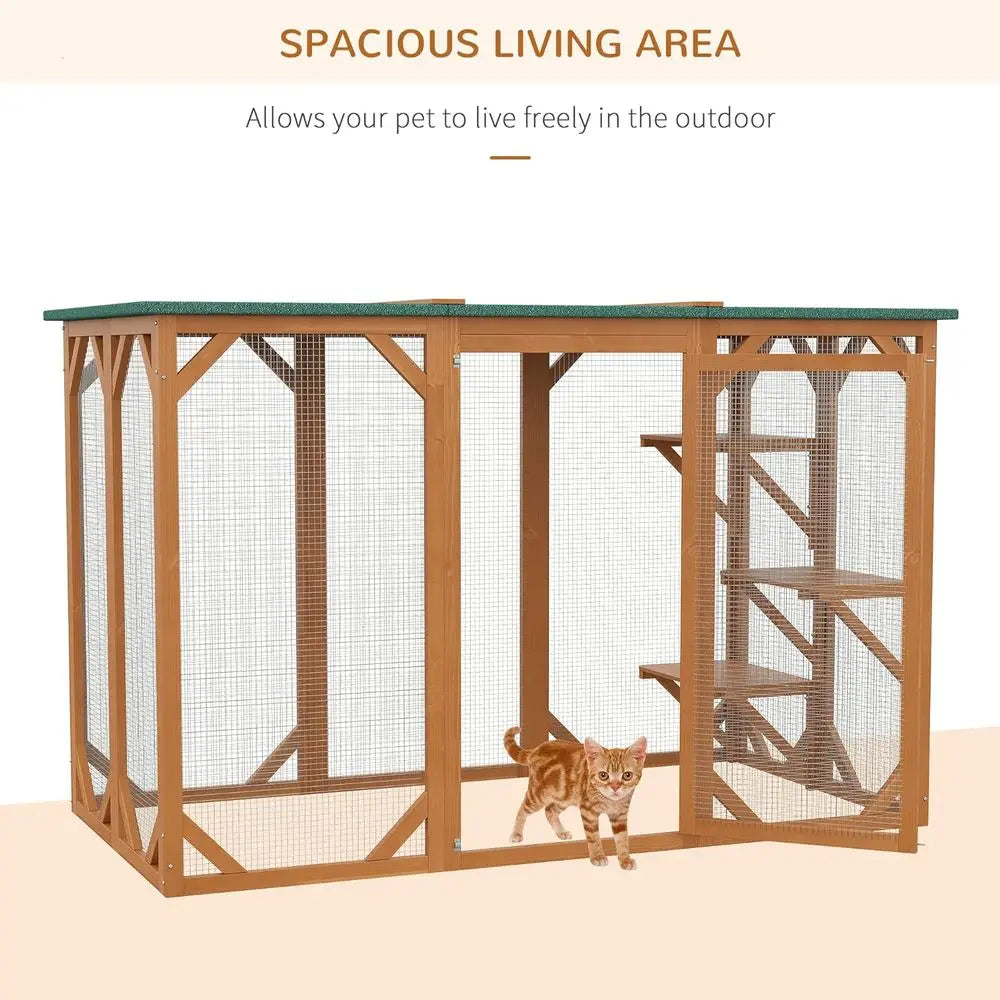 Catio Wooden Feral Cat Shelter with Platforms, Large Door, Weather Protection Roof, 71 L, Orange