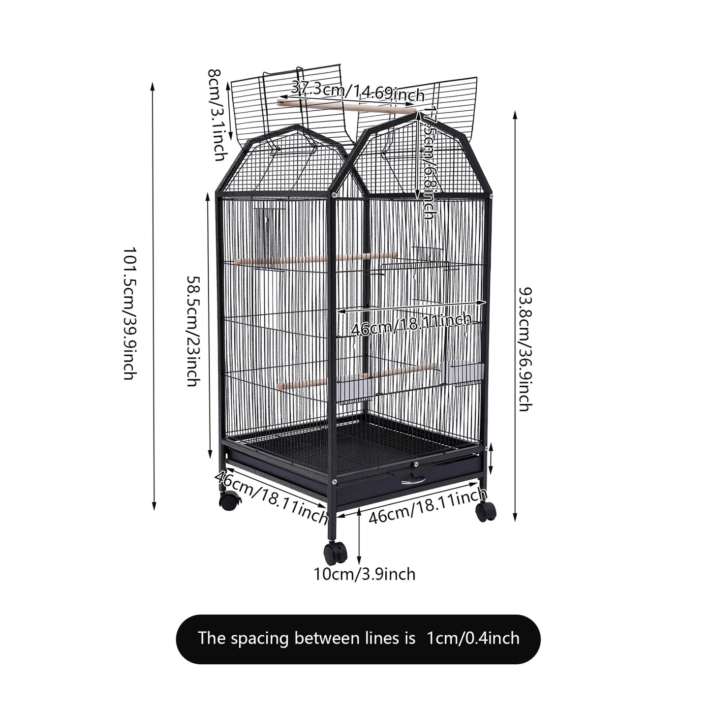 Large 18"x18"x40" Bird Cage with Stand&Wheels 360° View Skylight Top for Parakeet Finch Canary Cockatiel Black Iron Pet House