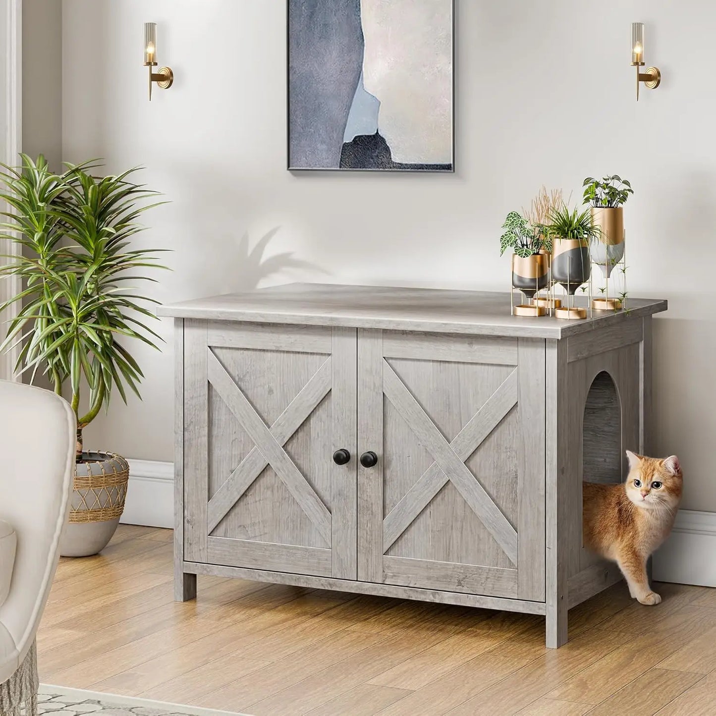 Hidden Cat Litter Box Enclosure with Removable Divider, Grey Furniture for Indoor Cats