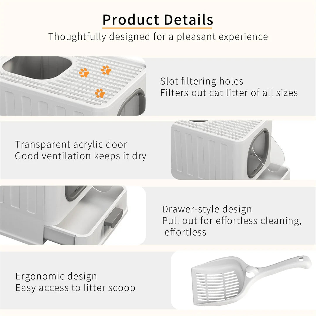 BingoPaw Cat Litter Tray Box: Foldable Top Entry Extra Large Cats Toilet with Lid Kitten Litter Tray Easy Cleaning Drawer Design