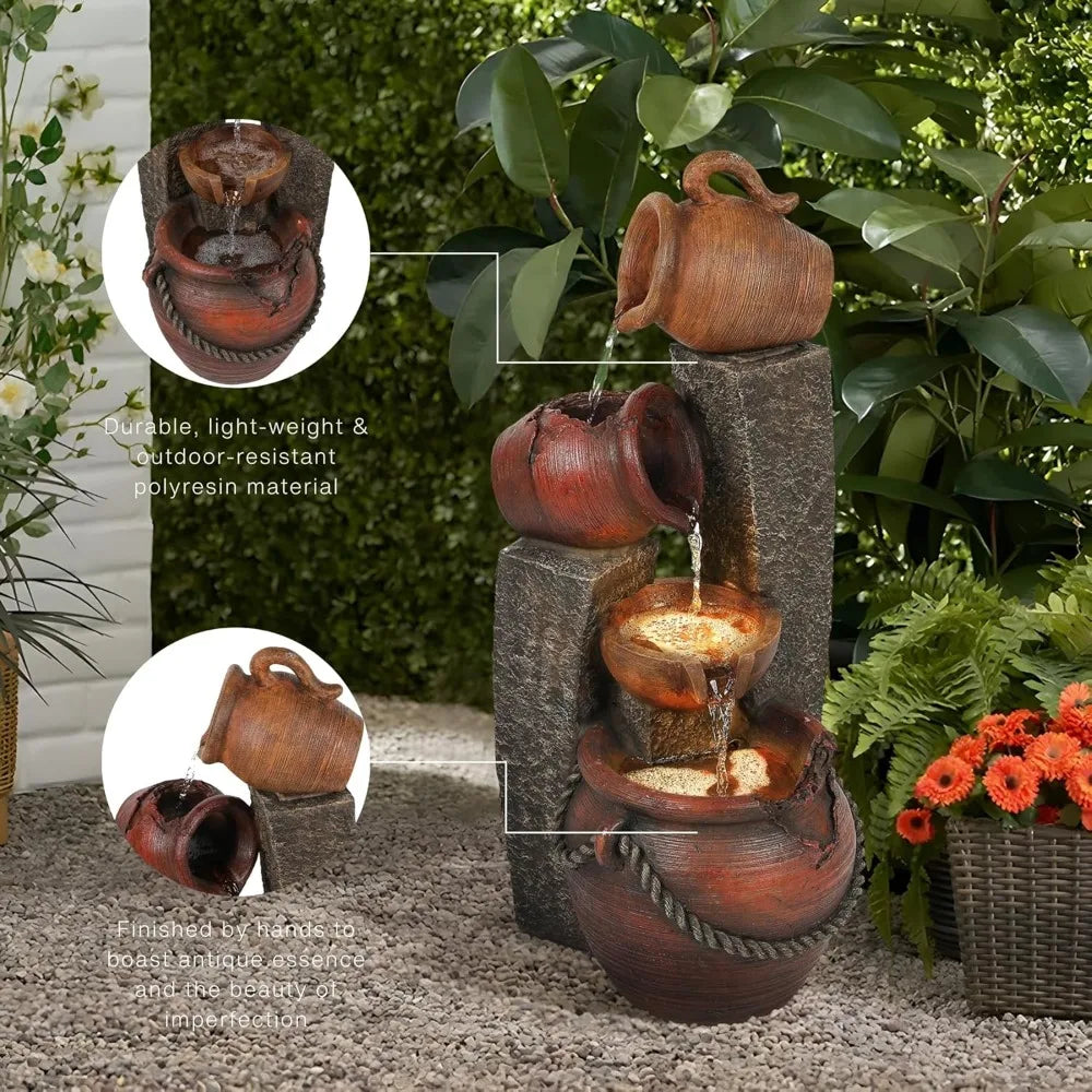 32 Inch Farmhouse Outdoor Water Fountain Lights Cascading