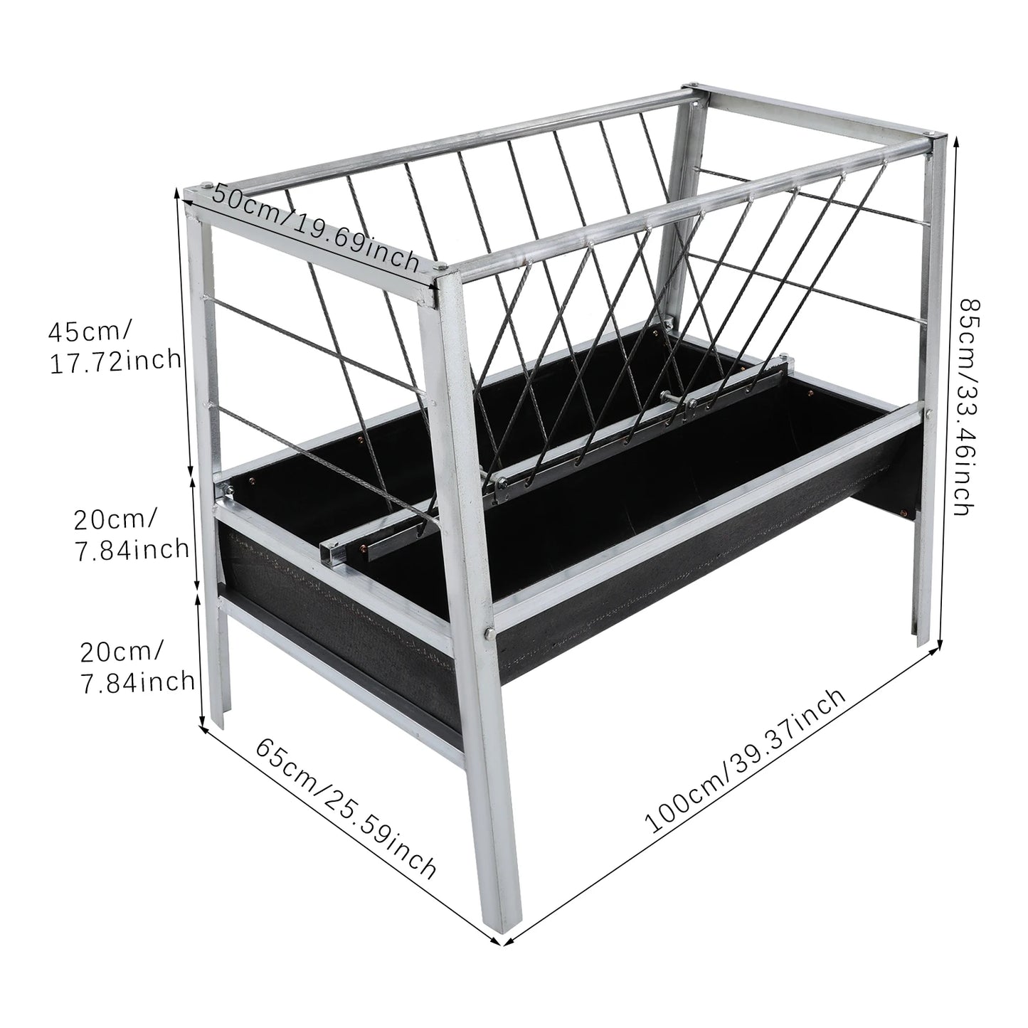 Livestock Feed Iron Trough,Silver+ Black Rectangular 2-in-1 Grain& Hay Feeder ,Floor Standing 100*65*85cm for Goats Sheep
