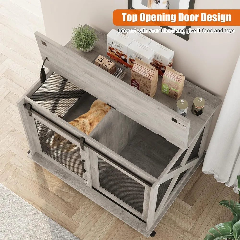 Dog Crate Furniture with Flip Top, 37" Dog Cage Furniture with Sliding Barn Door, Wheels and Removable Divider, Furniture Style