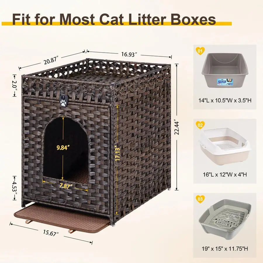Cat Litter Box Enclosure Furniture Hidden with Litter Mat, Hidden Cat Washroom Furniture with Door, Handwoven Rattan Cat Washroo