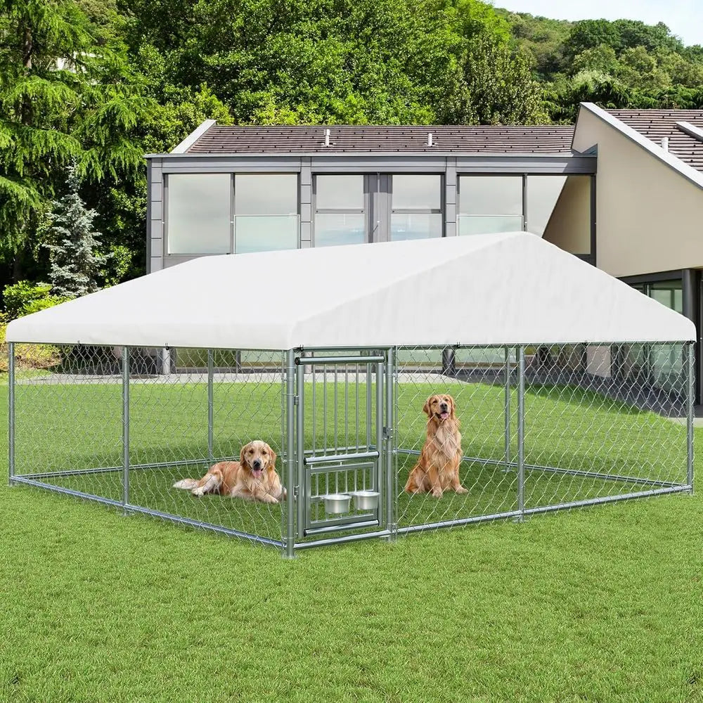 10x10 Ft Outdoor Dog Kennel with Waterproof Cover, Rotating Bowls, Ideal for Backyard Farm Use