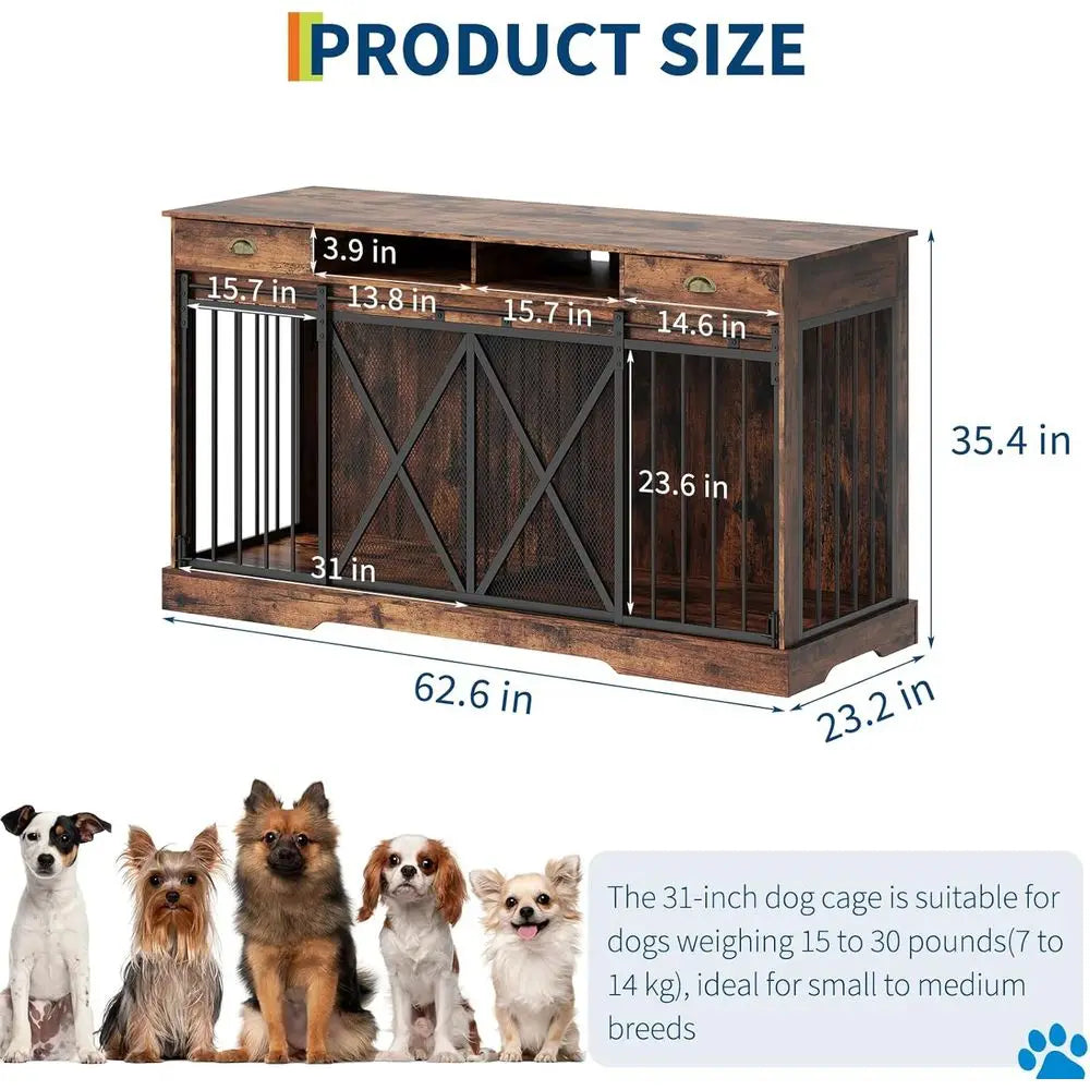 Large 63 Wooden Dog Crate Furniture - Heavy Duty Indoor Kennel with Removable Divider, 2 Doors, Rustic Style, Open Shelves & TV