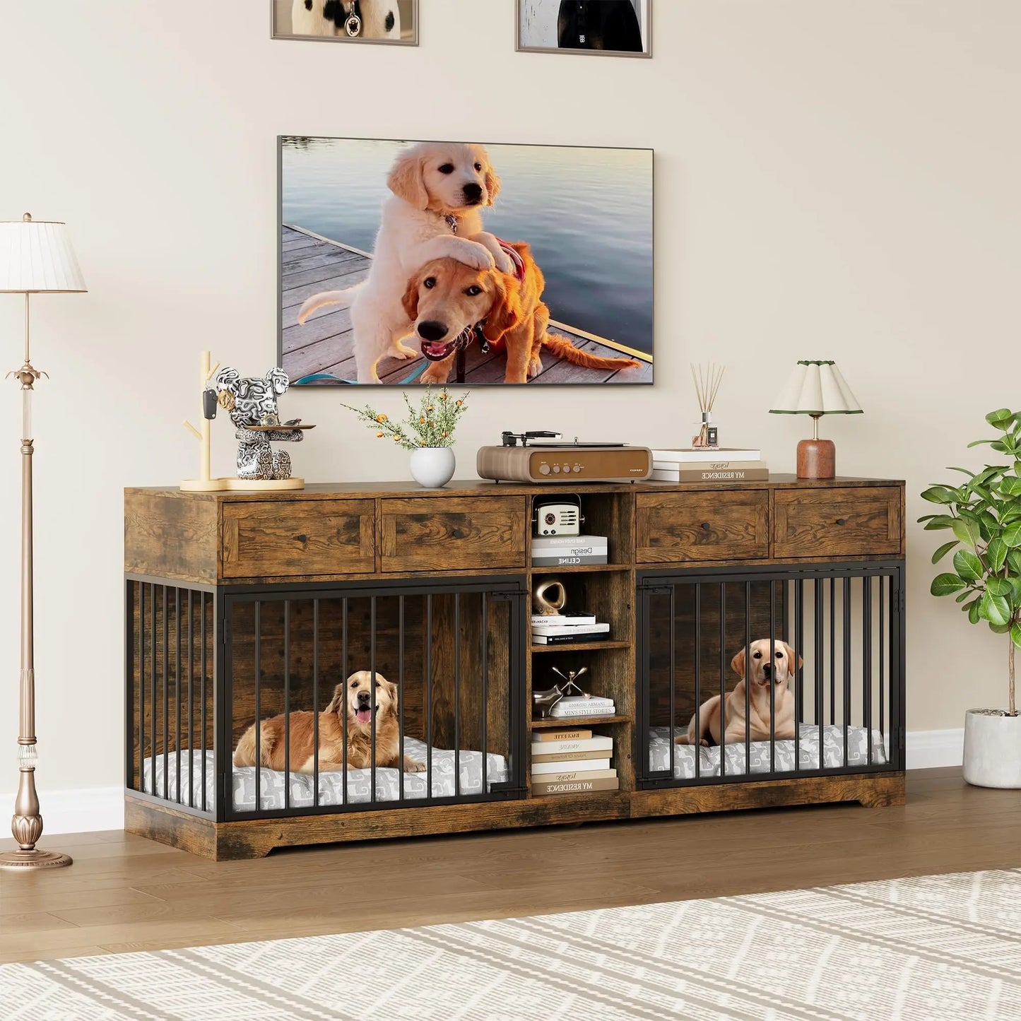 82'' Large Double Dog Crate Furniture TV Stand With 4 Drawers Shelves Heavy Duty Wooden Indoor Kennel For 2 Medium Large Dogs