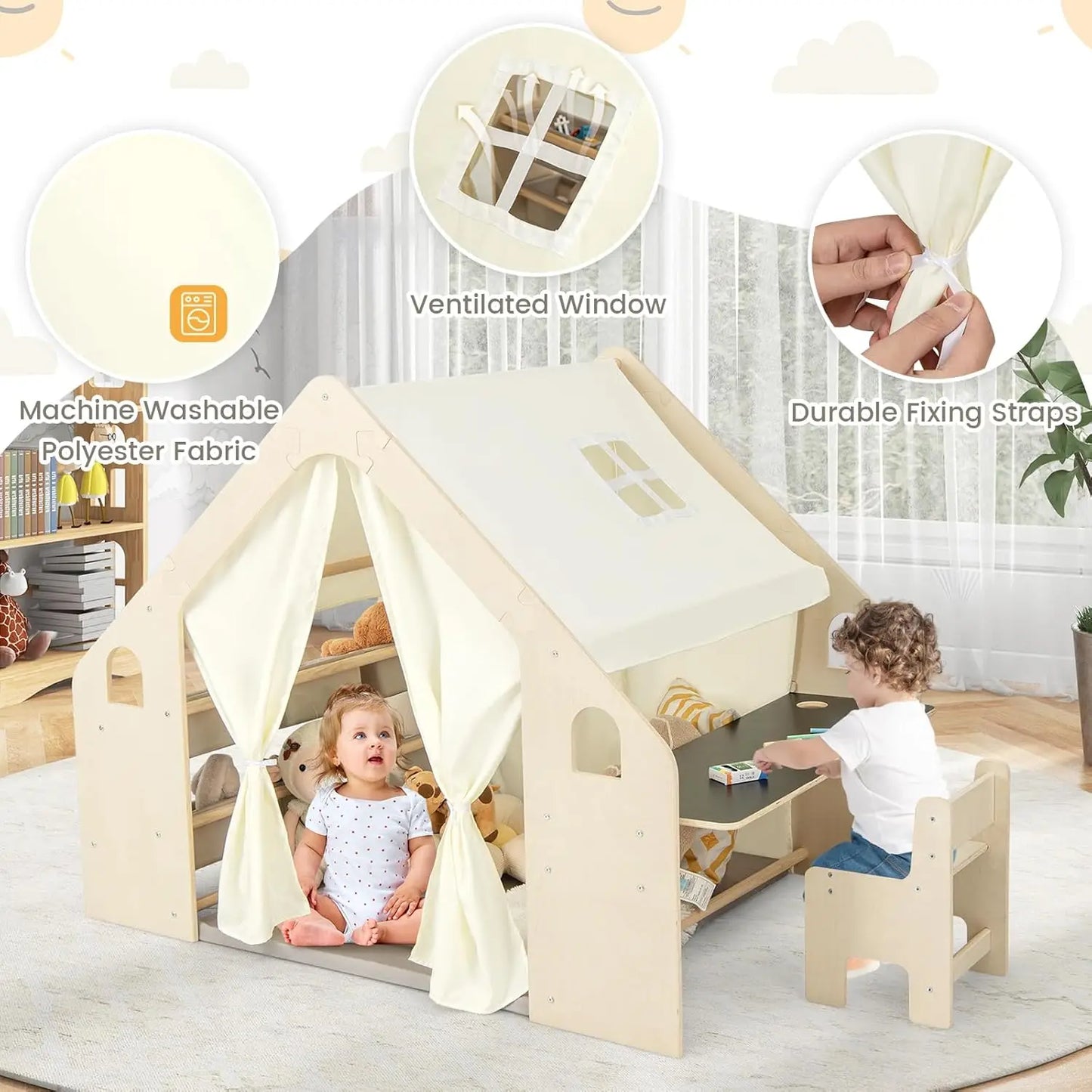 Large Kids Tent, 6-in-1 Wooden Frame Play House with Table and Chair Set, Blackboard, 6 Storage Bins & Soft Floor, Customized