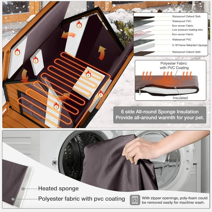 Heated Dog House Outdoor with Heating Pad Weatherproof Dog Kennel for Outside with Anti-Chewing Iron Frame for Winter Warm Pupp