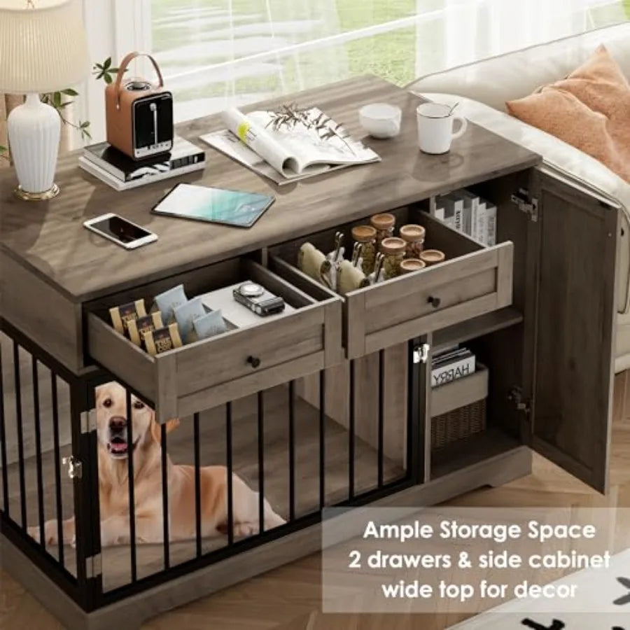 Farmhouse Dog Crate Furniture 47W x 34H Wooden Indoor Dog Cage with 2 Drawers and Storage Cabinet Rustic Style for Small and Me
