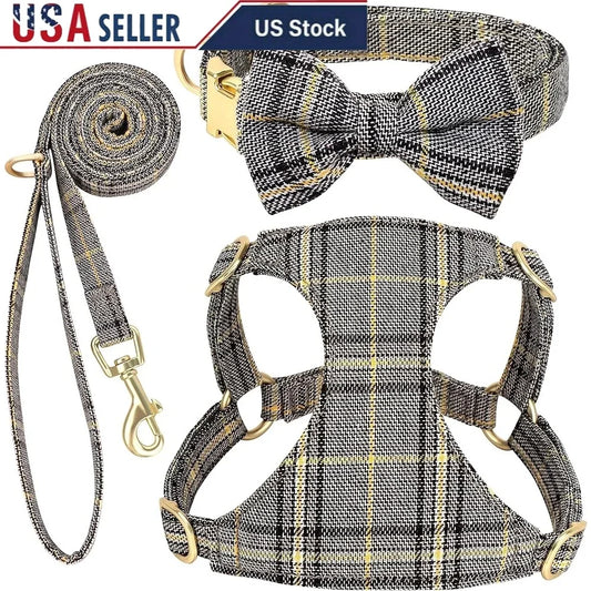 Cute Adjustable Dog Harness Collar Leash Set Small Dogs Cats Soft Plaid Design Ideal Walks Parties and Events