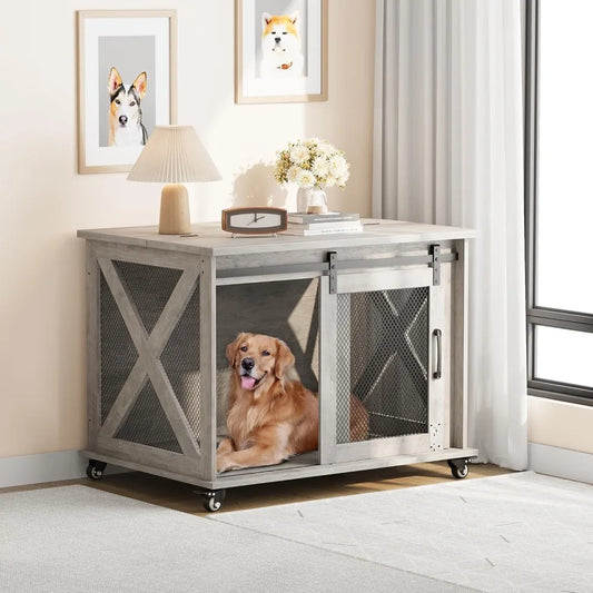 Dog Crate Furniture with Flip Top, 37" Dog Cage Furniture with Sliding Barn Door, Wheels and Removable Divider, Furniture Style