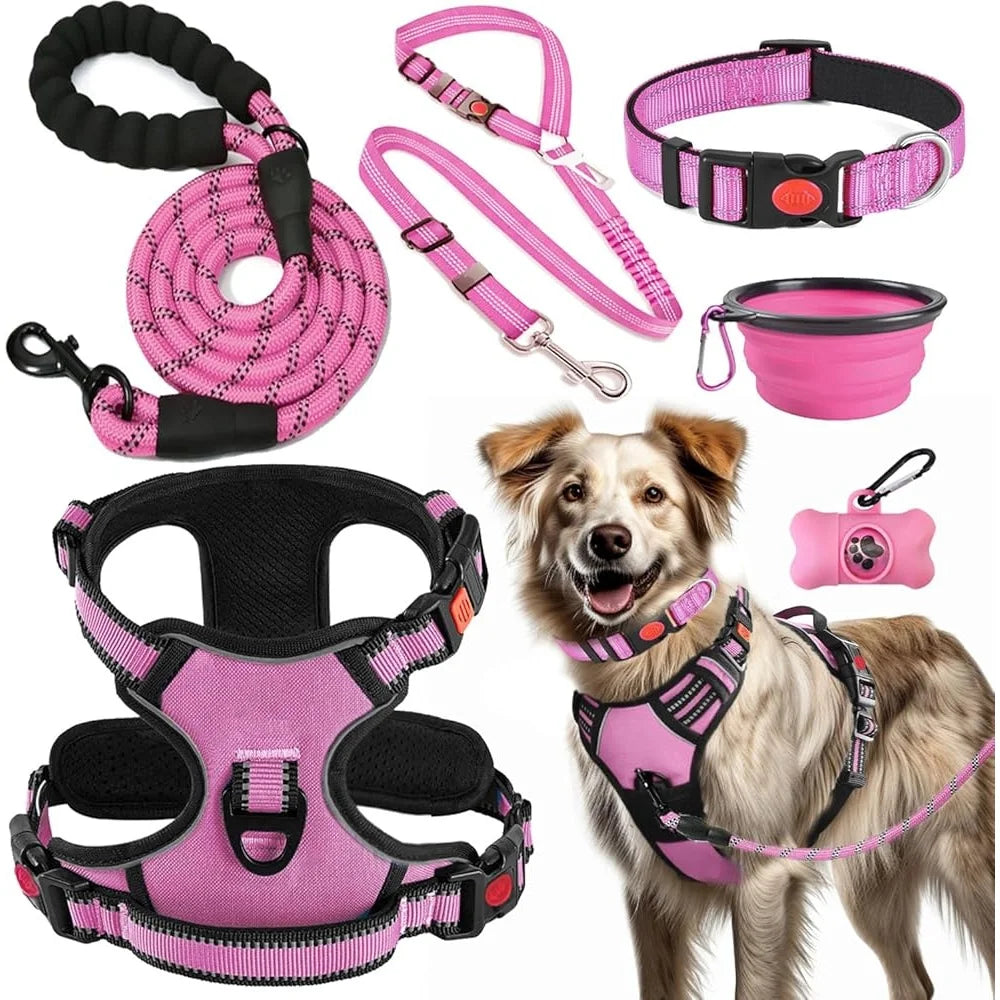 Dog Harness Collar Leash Set with Seat Belt Portable Bowls Poop Dispenser Ergonomic No Pull Design Walking Training