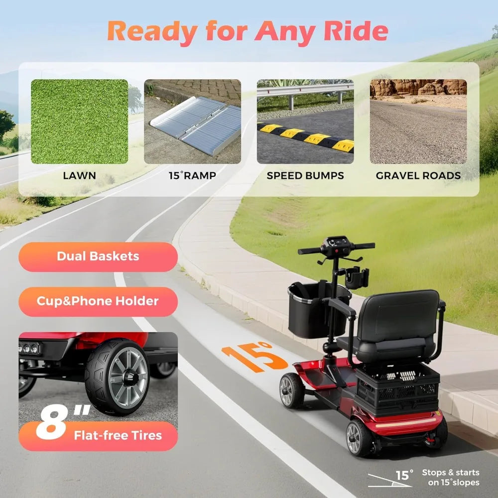 4 Wheel Mobility Scooter for Adults - Foldable Motorized Scooters 330 lb Capacity with Removable Battery, Dual Basket