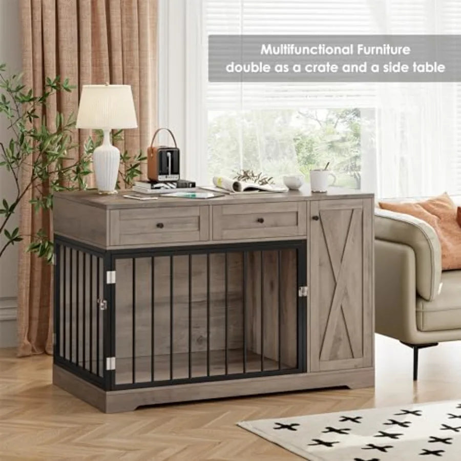 Farmhouse Dog Crate Furniture 47W x 34H Wooden Indoor Dog Cage with 2 Drawers and Storage Cabinet Rustic Style for Small and Me