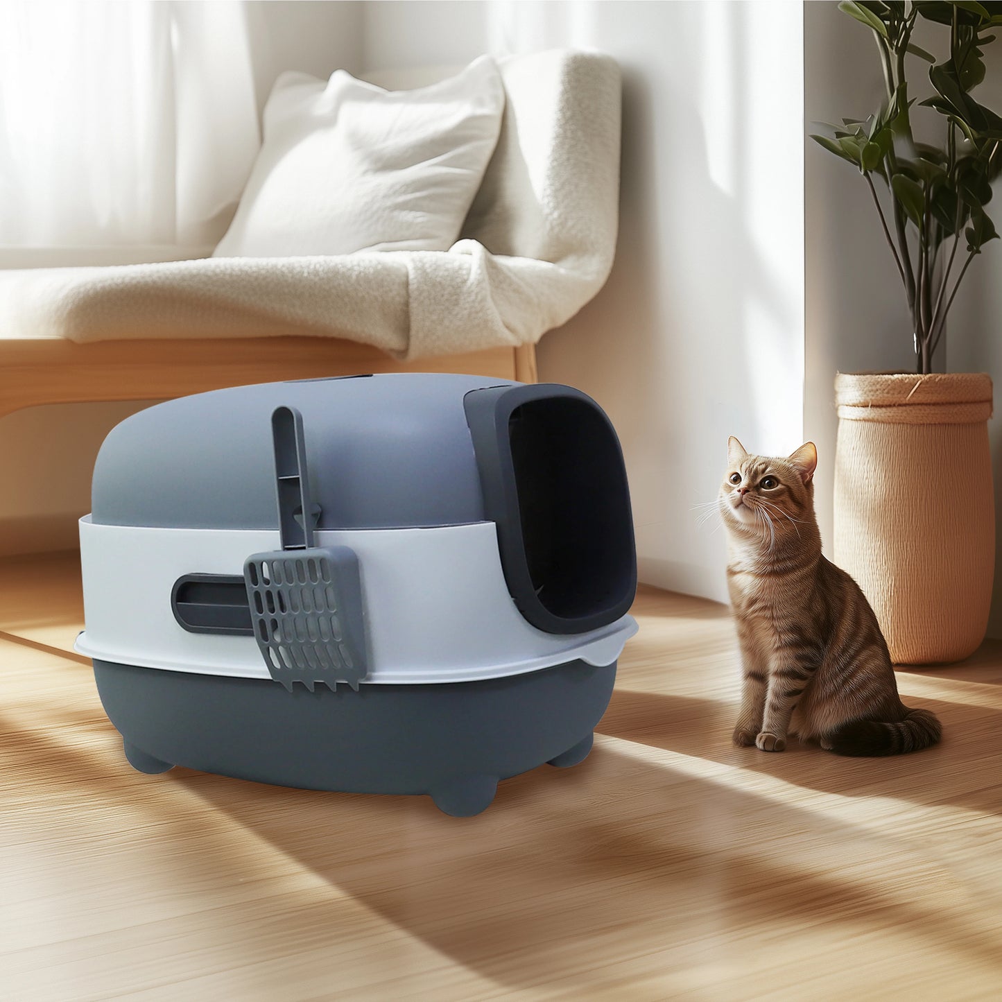 Bingopaw Large Cat Litter Box with Cat Litter Scoop with Lid, Oval Oblong Hooded Front Entry and Exit Leak-Proof Litter Cat Box