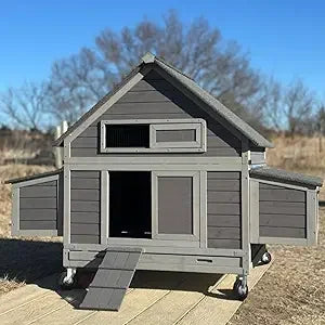 Large Chicken Coop on Wheels Mobile Wooden Hen House Weatherproof Duck Poultry Cage 67.3" L for 6-8 Chickens with 6 Nesting Box