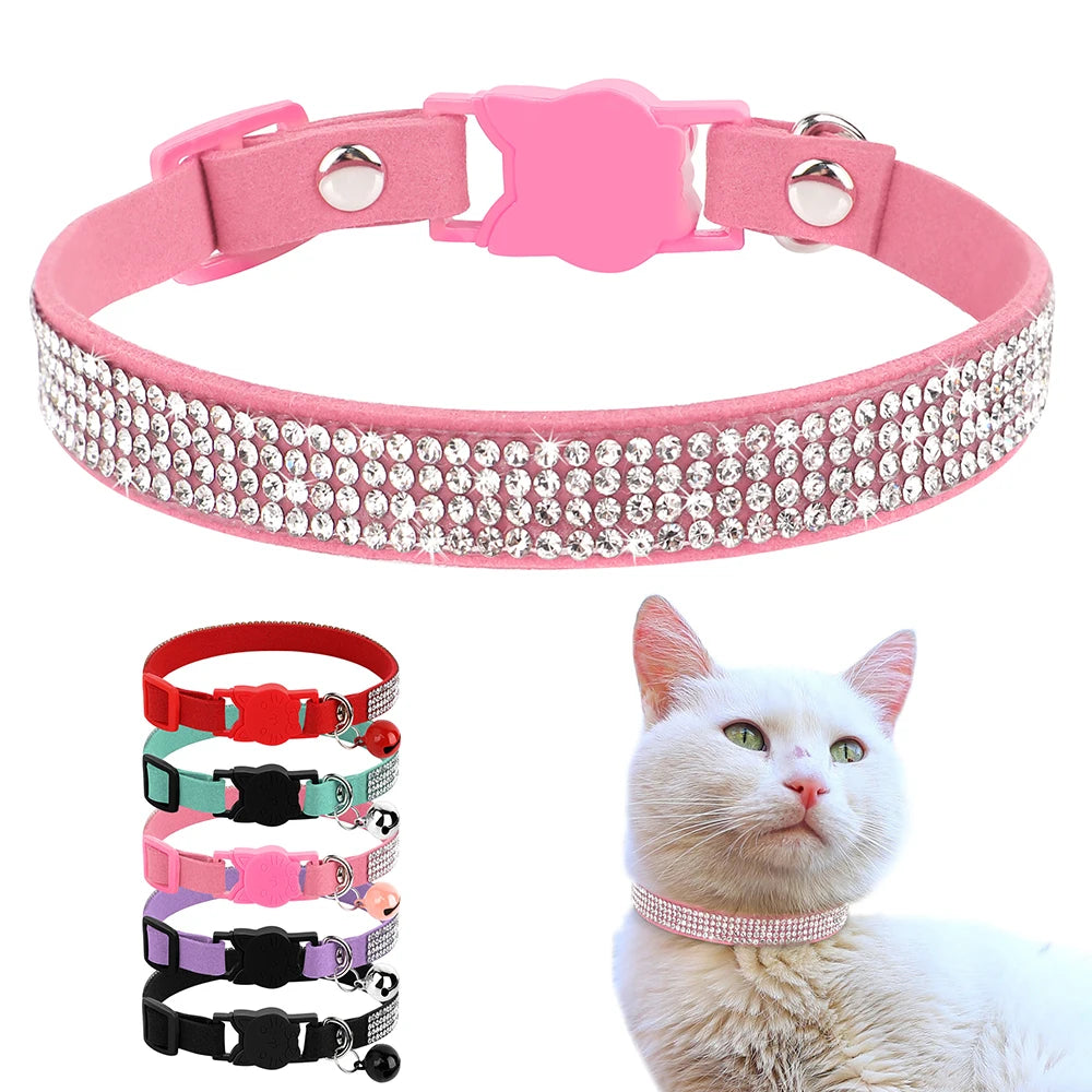 Rhinestone Bling Soft Pink Suede Cat Collar with Bell Safety Breakaway Buckle Adjustable XS/S Sizes for Kitten