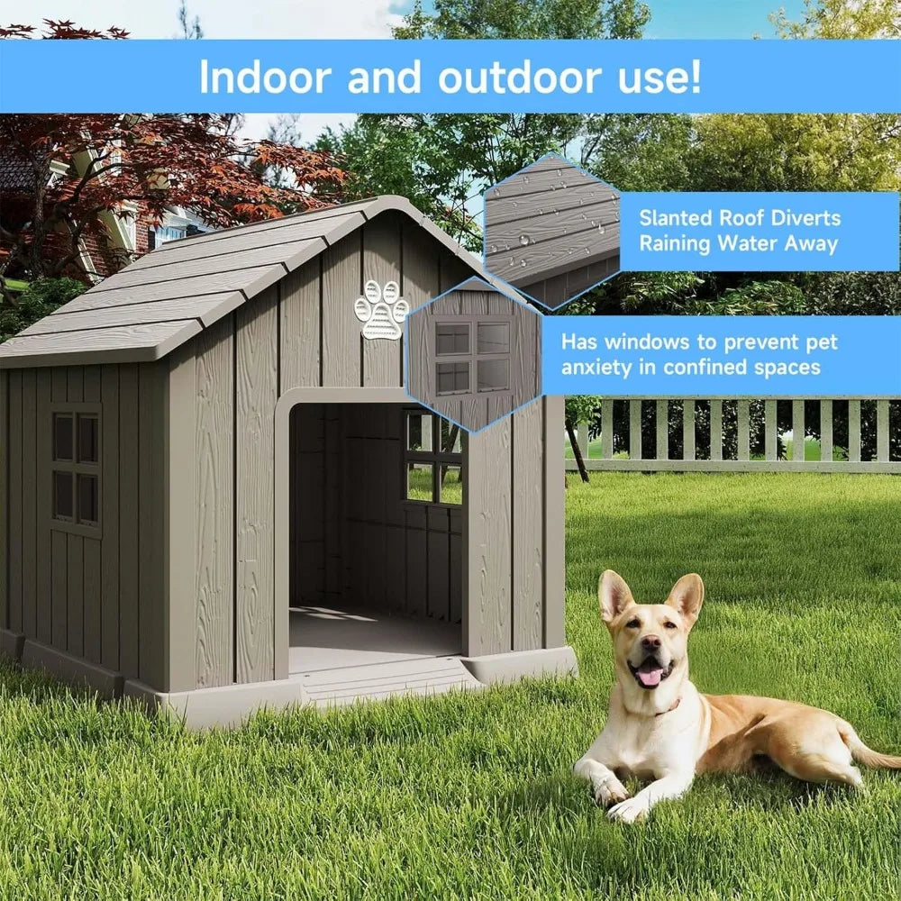 Dog House Outdoor Indoor,Dog Kennel Weatherproof Resin Shelter with Air Vents and Elevated Floor for Small Medium Large Dogs,Eas