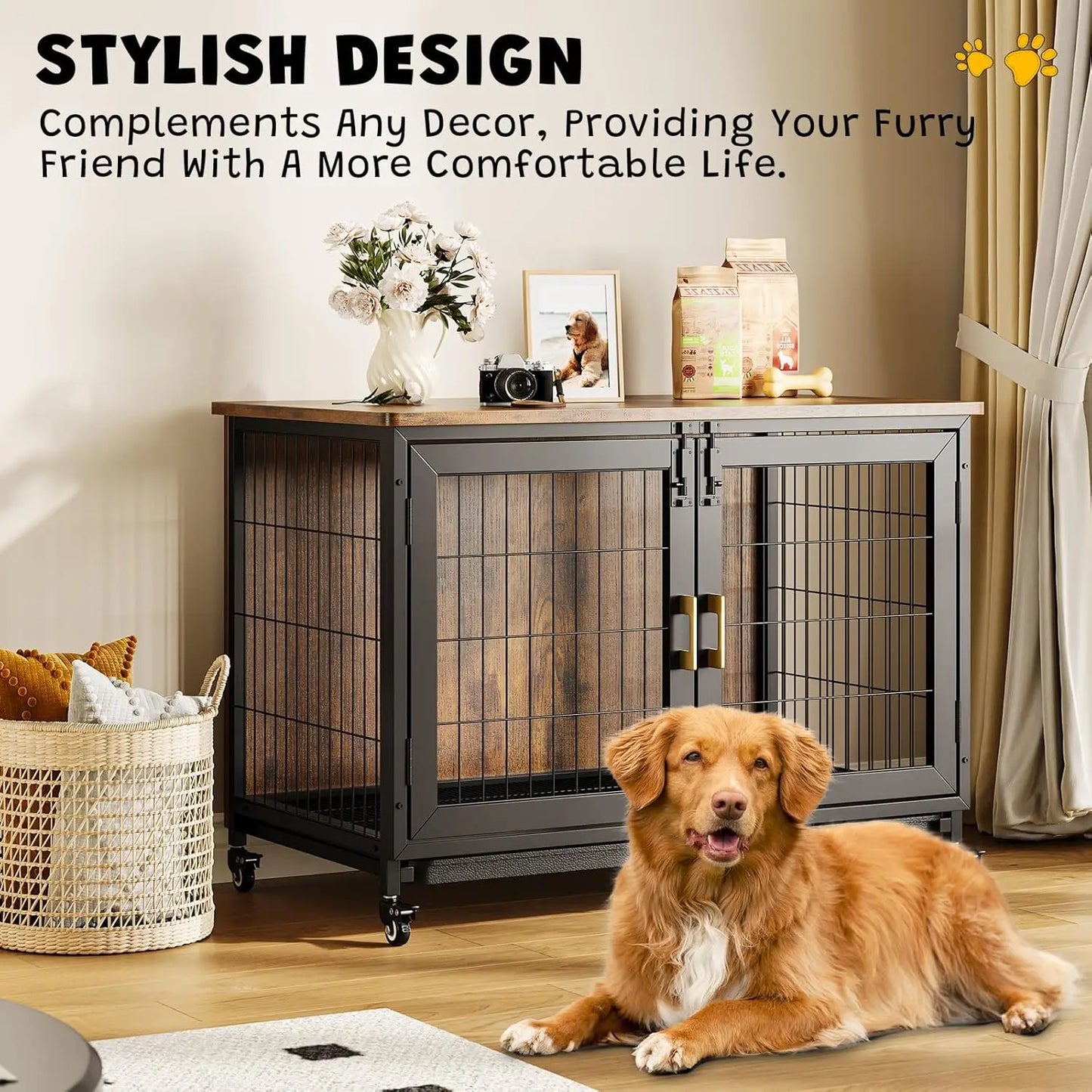 37.4 Inch Wooden Dog Crate Furniture for Small-Medium-Large Dogs, Heavy Duty Dog Kennel Furniture Indoor with Wheels