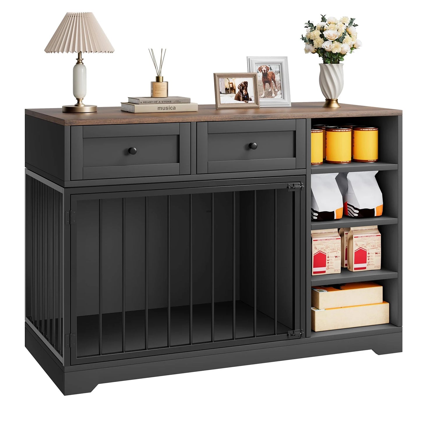 47" Large Dog Crate Furniture TV Stand Vintage Wooden Kennel For Medium Large Dogs Indoor Dog Cage With 2 Drawers & 4 Shelves