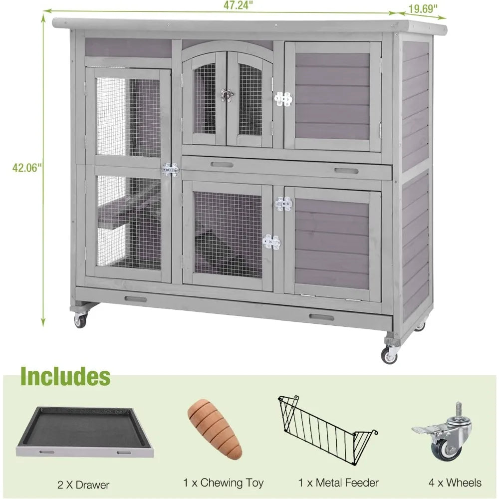 Rabbit Cage, Indoor and Outdoor Rabbit House, Guinea Pig Cage, with Wheels, with Plastic Tray, 47 Inches