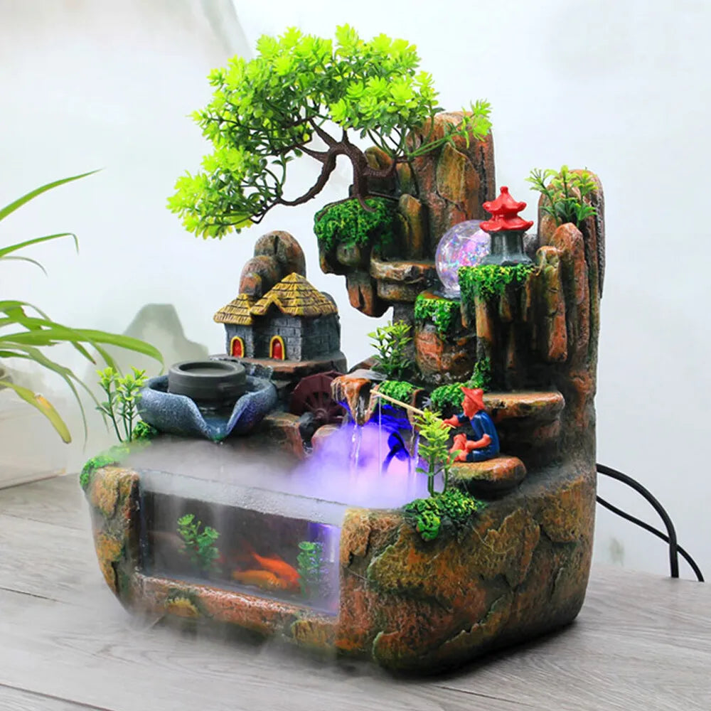 Indoor LED Water Fountain With Mist Resin Rockery Waterfall