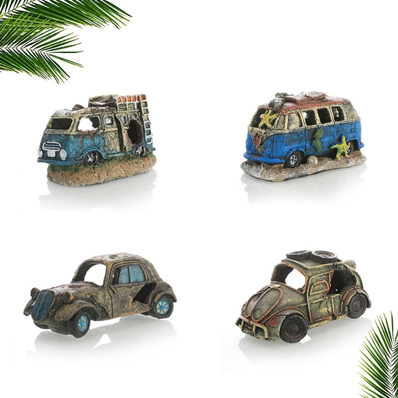 Car Wreck Fish Tank Decor, Fun Aquarium Ornament with Hiding Caves, Creates an Underwater Adventure for Your Fish