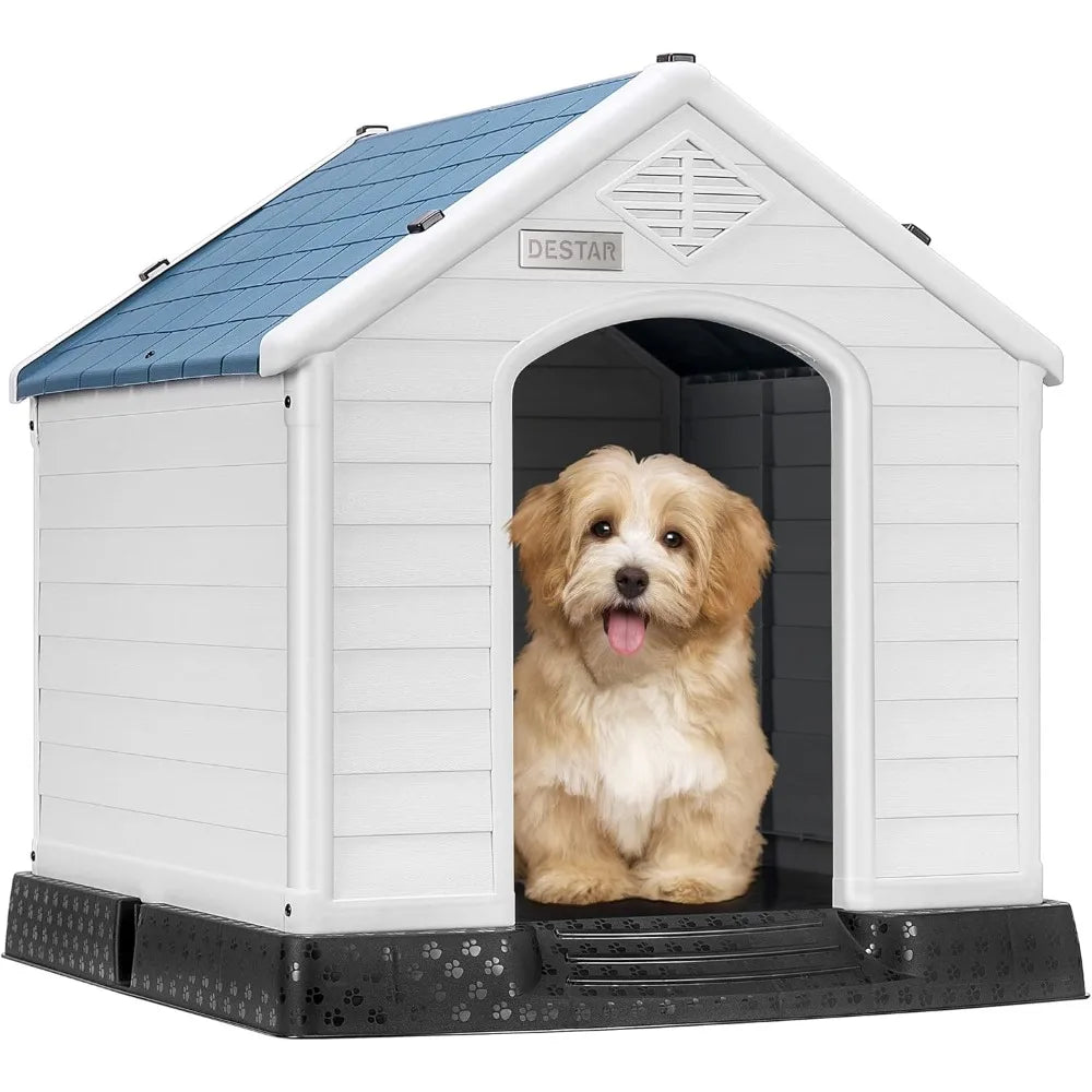 durable waterproof plastic pet dog house indoor outdoor puppy shelter kennel with air vents and elevated floor (medium - 28" he