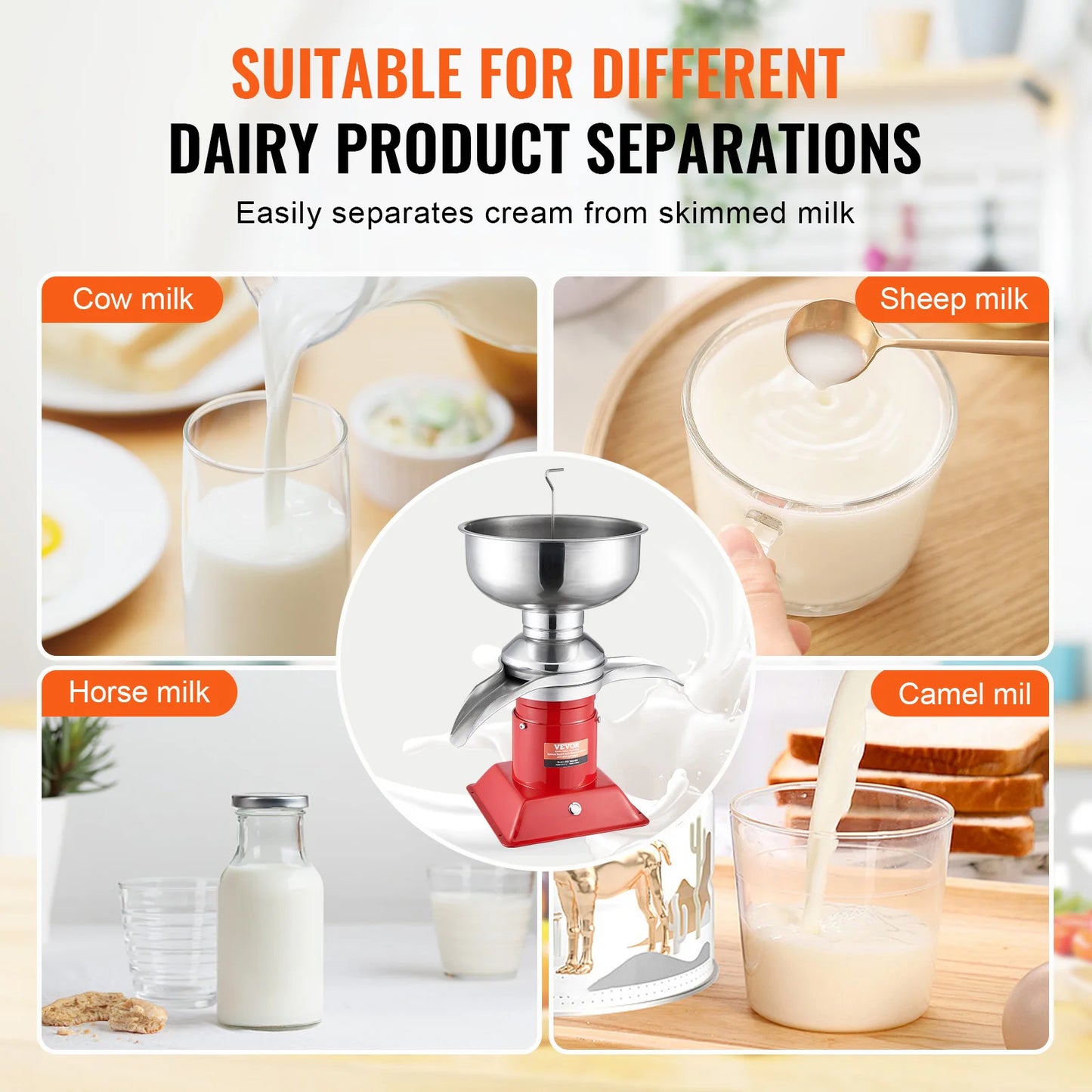 SucceBuy 304 Stainless Steel Electric Cream Separators 100L/H Output 10500RPM Goat Milk Separator 30W  5L Bowl Capacity 100-240V