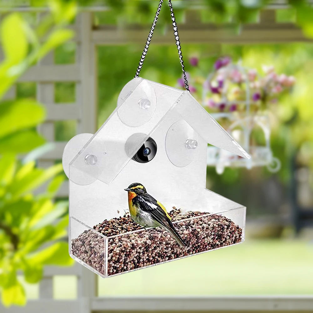 Smart Bird Feeder Acrylic with Camera Birds Hanging Feeder Transparent 1080P HD Easy Installation for Outdoor Garden