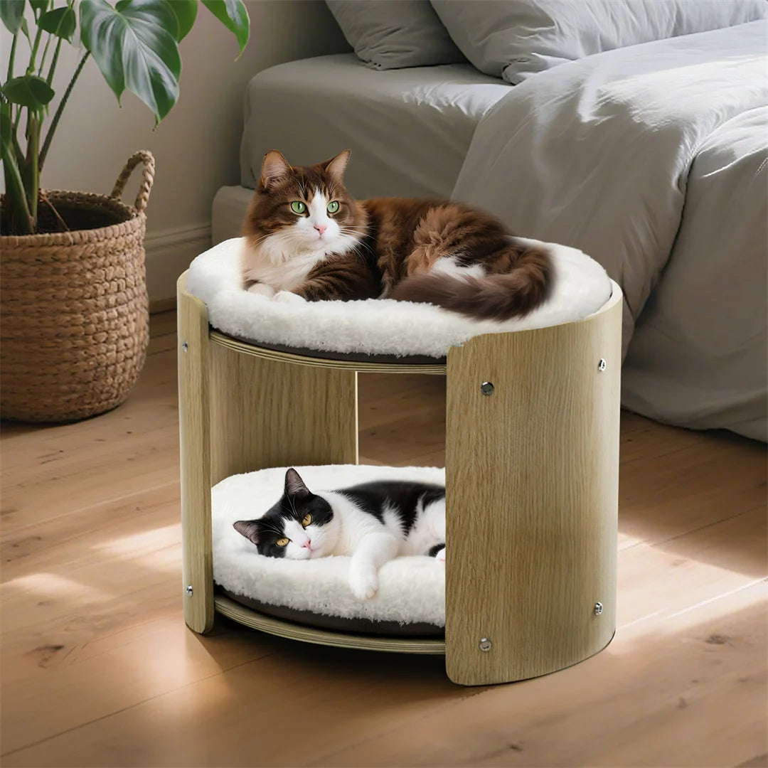 BINGOPAW 2-Layer Wood Cat Sofa Double Cat Tower Pet Bed Furniture with Removable Washable Thicker Soft Plush Mats