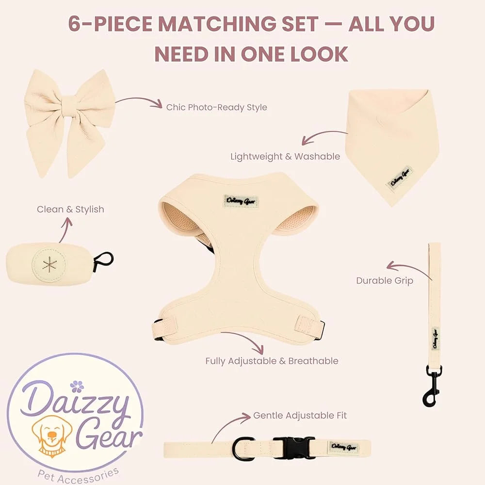 Medium Dog Harness Set No Pull Matching Leash Collar Bow Bandana Poop Bag Holder Breathable Mesh Hearts