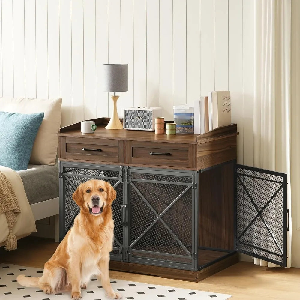 Heavy Duty Dog Crate Furniture, 39.4” Dog Kennel with Drawers, Wooden  Cage Indoor Side End Table for Medium Large Dog