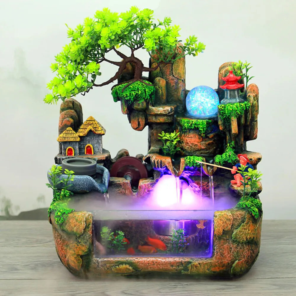 Indoor LED Water Fountain With Mist Resin Rockery Waterfall